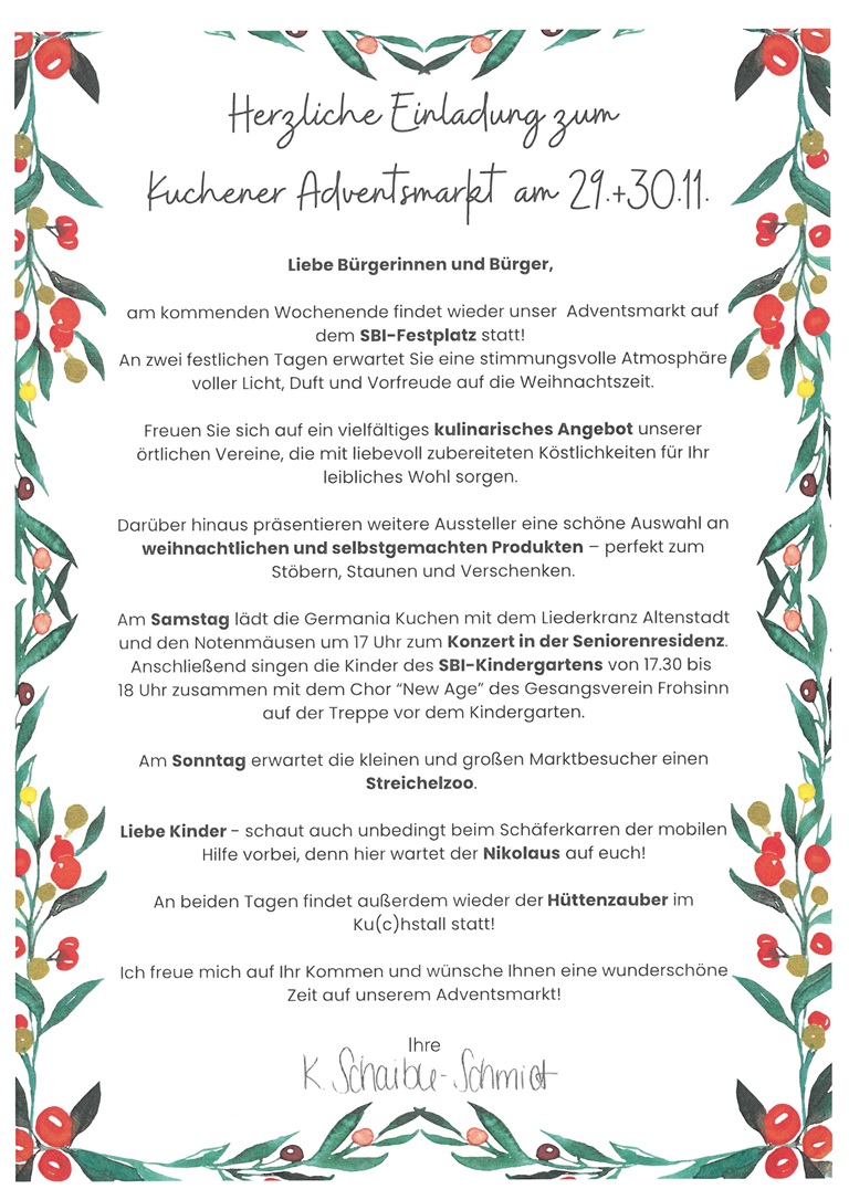 Liebe Bürgerinnen und Bürger,am kommenden Wochenende findet wieder unser Adventsmarkt auf dem SBI-Festplatz statt!