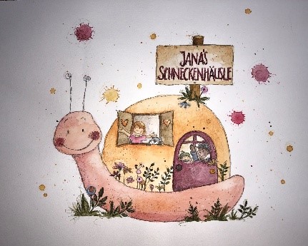 Schnecke mit Schneckenhaus mit Fenster und Türe