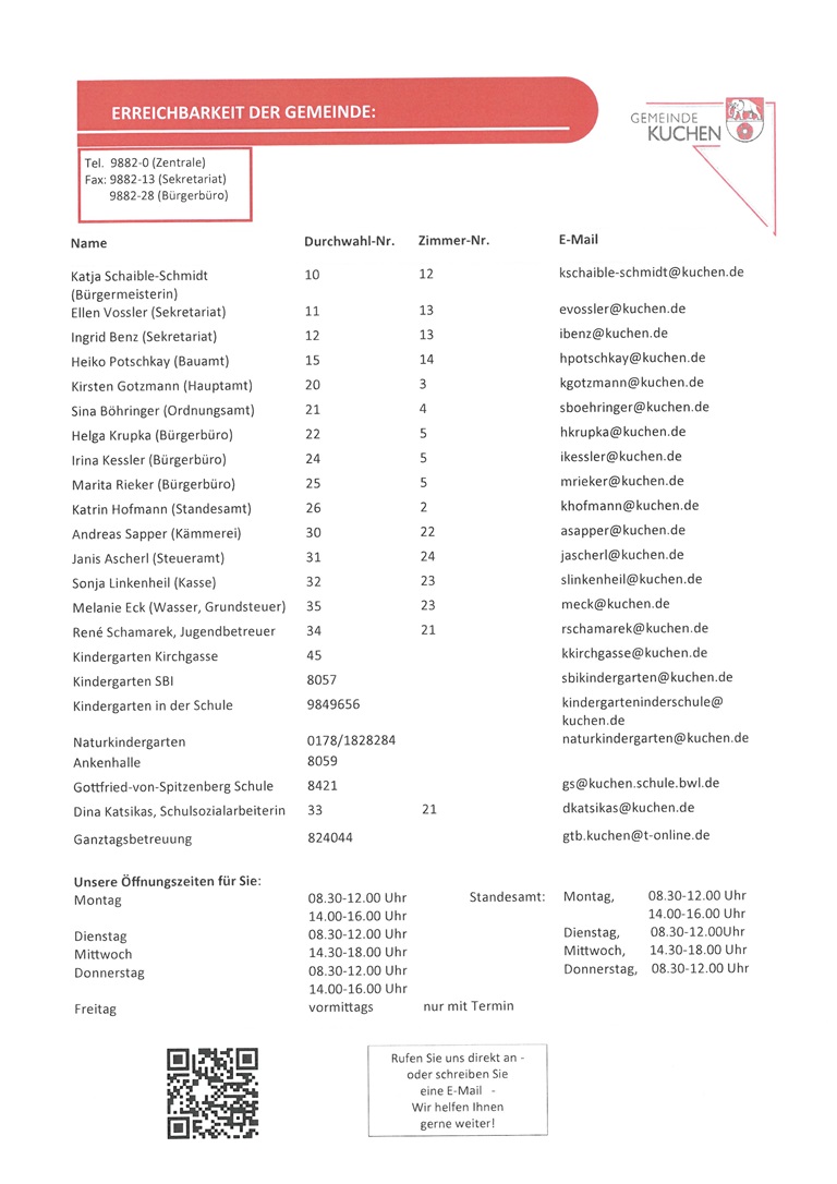 Erreichbarkeit der Gemeinde Tel. und EMail