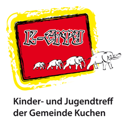 Logo Kinder- und Jugendtreff der Gemeinde Kuchen. Schild "K-City" mit 4 Kuchener Elefanten.