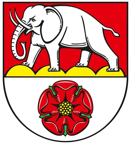 Wappen von Kuchen, Elefant und fünfblättrige rote Rose