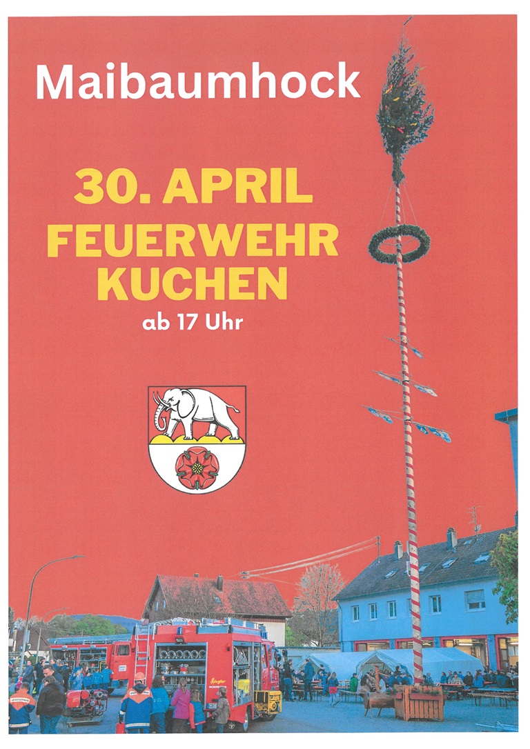 Feuerwache mit Maibaum und Besucher des Maibaumhocks