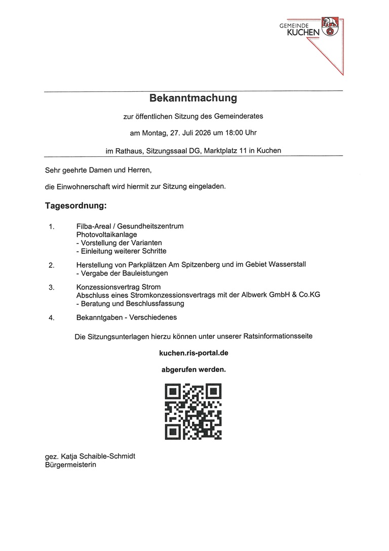 Einladung zur GR-Sitzung am 27.07.2026, 18 Uhr