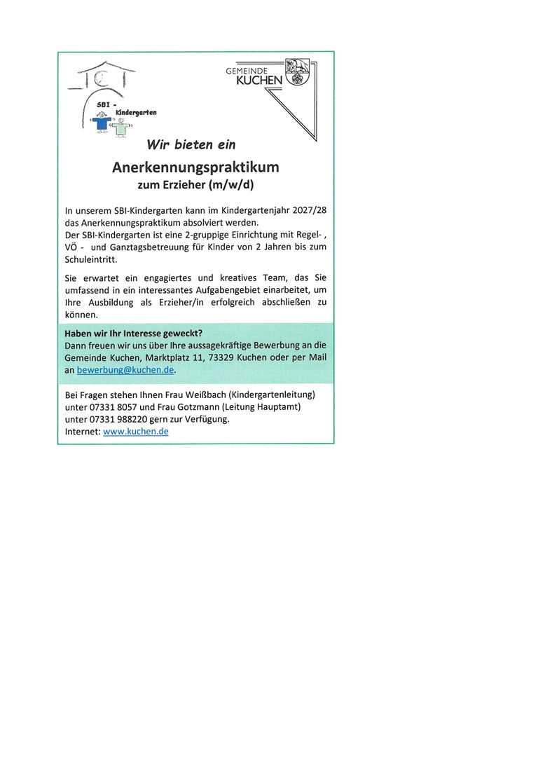 Ausschreibung Anerkennungspraktik. Erzieher